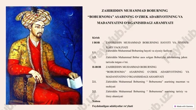 zahiriddin muhammad boburning “boburnoma” asarining o‘zbek adabiyotining va madaniyatini o‘rganishdagi ahamiyati — PPTX