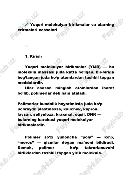 yuqori molekulyar birikmalar va ularning eritmalari xossalari — DOCX