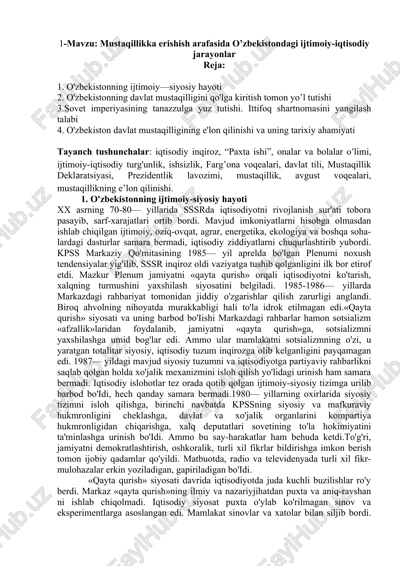 mustaqillikka erishish arafasida o’zbekistondagi ijtimoiy-iqtisodiy jarayonlar — DOCX