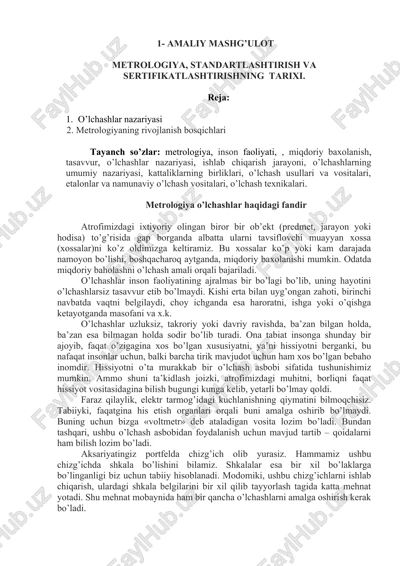 metrologiya, standartlashtirish va sertifikatlashtirishning tarixi — DOCX