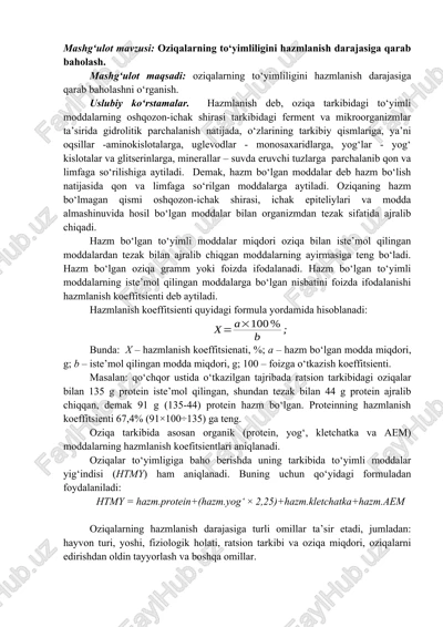 oziqalarning to‘yimliligini hazmlanish darajasiga qarab baholash — DOCX
