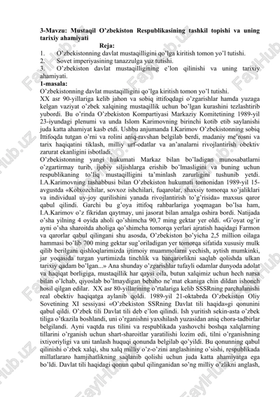 mustaqil o’zbekiston respublikasining tashkil topishi va uning tarixiy ahamiyati — DOCX