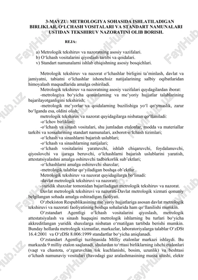 metrologiya sohasida ishlatiladigan birliklar, o‘lchash vositalari va standart namunalari ustidan tekshiruv nazoratini olib borish — DOCX