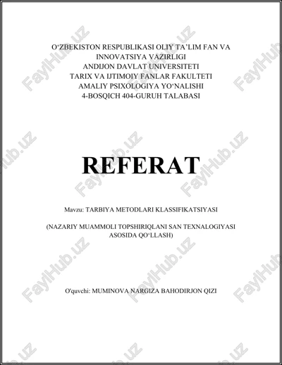 tarbiya metodlari klassifikatsiyasi — DOCX
