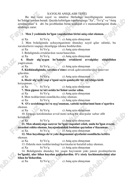 xayolni aniqlash testi — PDF