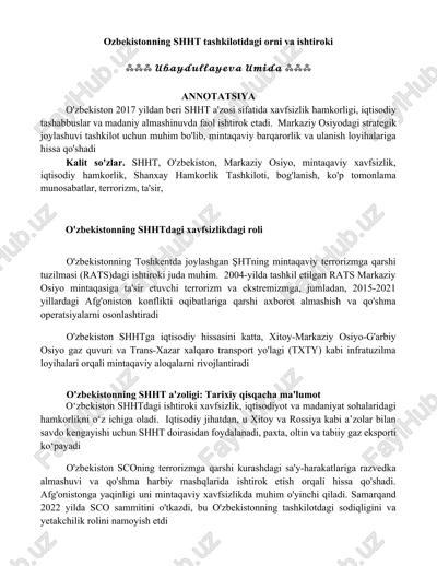 o'zbekistonning shht tashkilotidagi orni va ishtiroki — DOCX