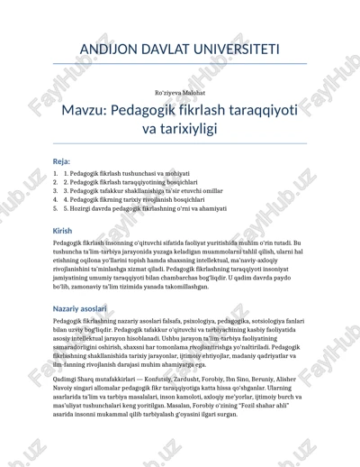 pedagogik fikrlash taraqqiyoti va tarixiyligi — DOCX