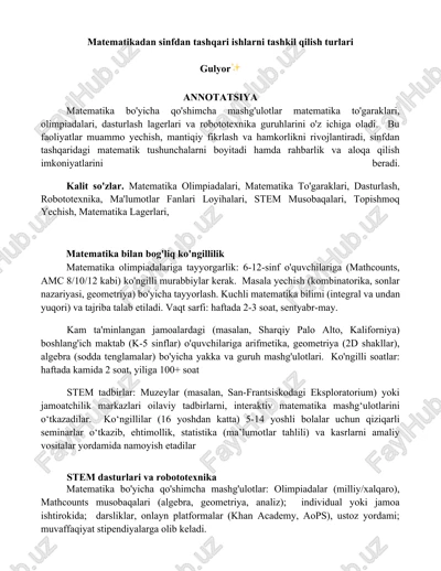 matematikadan sinfdan tashqari ishlarni tashkil qilish turlari — DOCX