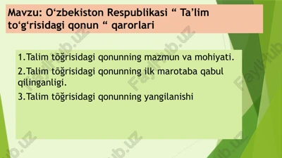 taqdimot. "o`zbekiston respublikasi ta`lim to`g`risidagi qonunlar" qarorlari — PPTX