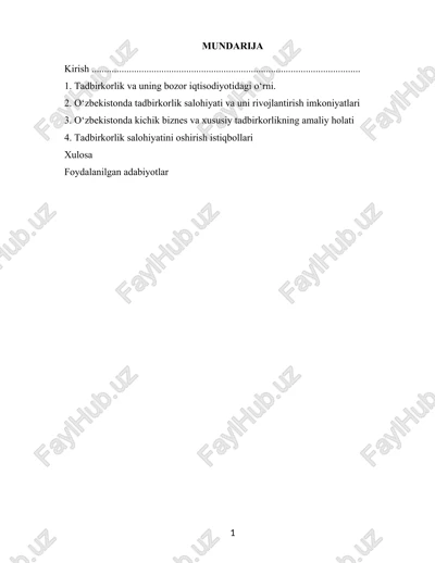 tadbirkorlik va uning bozor iqtisodiyotidagi o‘rni kurs ishi — DOCX