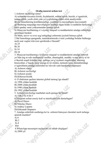 oraliq nazorat uchun test — DOCX