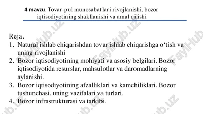 natural ishlab chiqarishdan tovar ishlab chiqarishga o‘tish va uning rivojlanishi — PDF