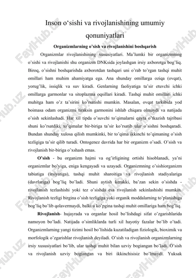 inson oʻsishi va rivojlanishining umumiy qonuniyatlari — DOCX