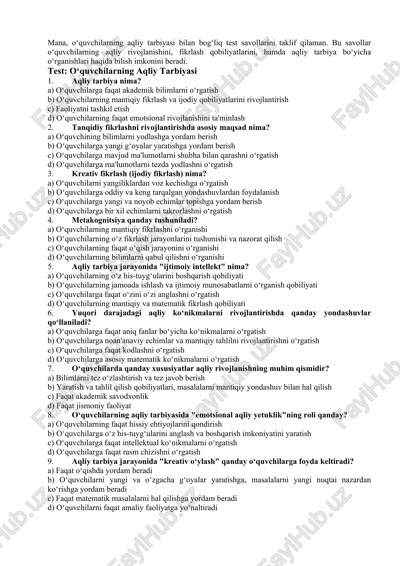 o‘quvchilarning aqliy tarbiyasi test savollari — DOCX