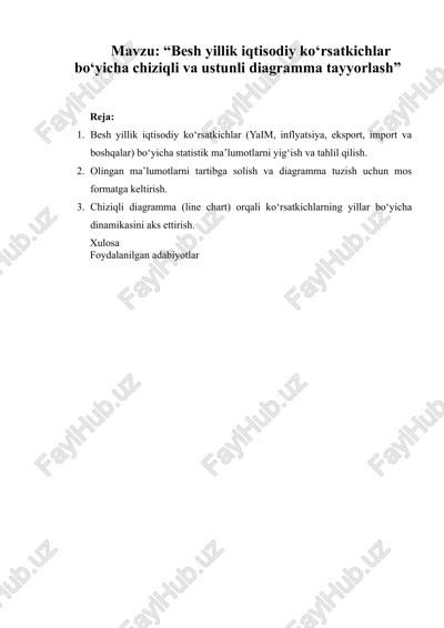 besh yillik iqtisodiy ko‘rsatkichlar bo‘yicha chiziqli va ustunli diagramma tayyorlash — DOCX