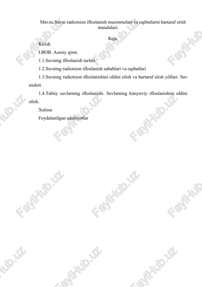 suvni radiotsion ifloslanish muommolari va oqibatlarni bartaraf etish masalalari — DOC