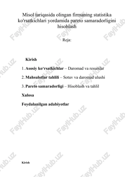 statistika ko'rsatkichlari yordamida pareto samaradorligini hisoblash — DOCX