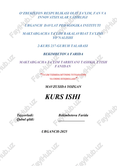 maktabgacha ta’lim tarbiyani tashkil etish fanidan — DOCX