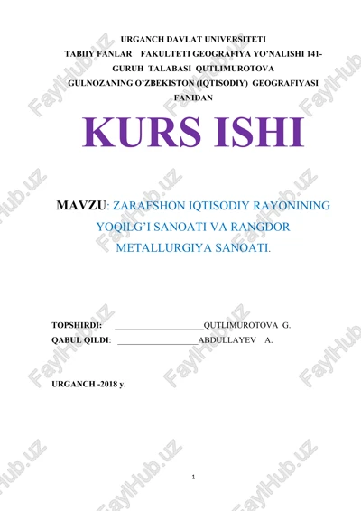 zarafshon iqtisodiy rayonining yoqilg’i sanoati va rangdor metallurgiya sanoati — DOC