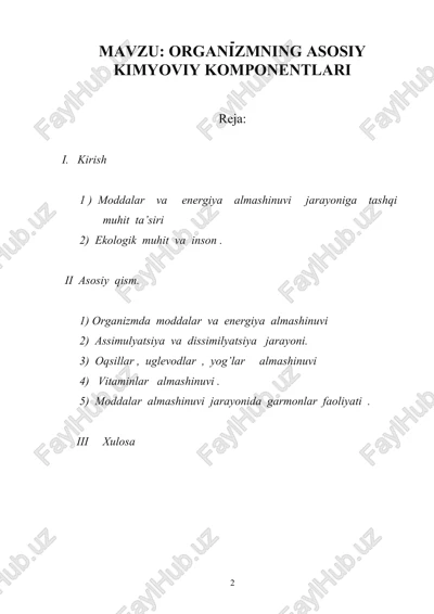 organizmning asosiy kimyoviy komponentlari — DOC