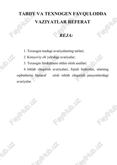 tabiiy va texnogen favqulodda vaziyatlar referat — DOC