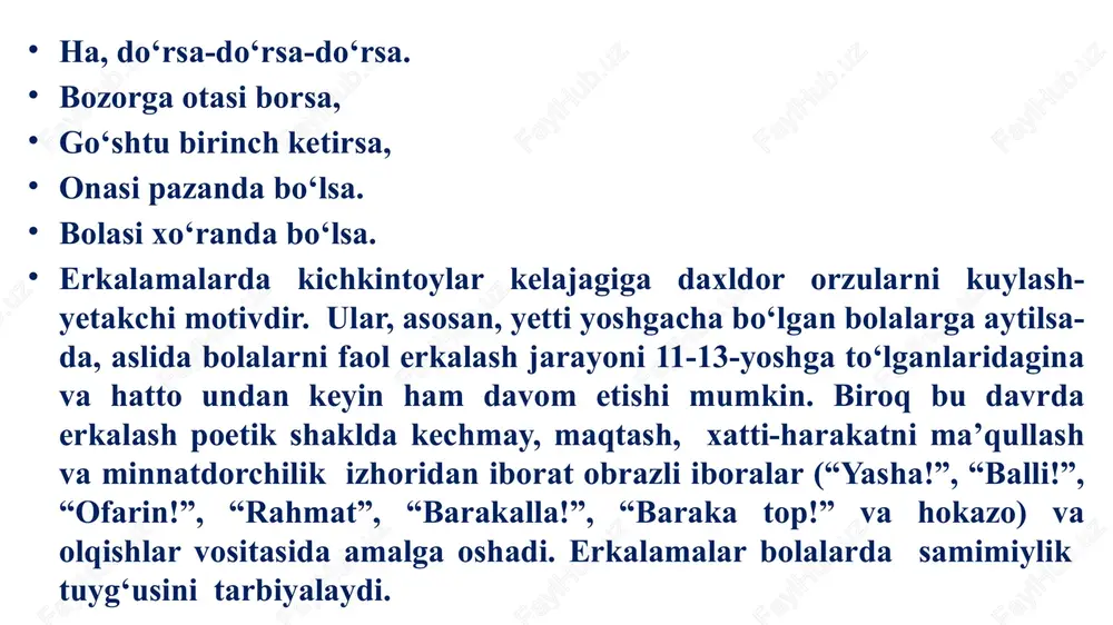 atlash va o‘xshatishlarga murojaat qiladilar, shu maqsadda qo‘zichoq, qo‘chqor, olqor, toychoq, saman, toyloq, bo‘taloq, kiyik(ohu), quralay, serka, bulbul, to‘ti, lochin, tog‘, shahm, chiroq, qizil gul obrazlarida farzandlari qiyofasi va taqdiriga xos fazilatlarni umumlashtirib e’zozlaydilar: bulbul qushning bolasi, alla, qo‘zim-o, alla. daraxtda bo‘lar uyasi, alla, bolam-o, alla. daraxt boshini sel olsa, alla, qo‘zim-o, alla. shaydolar bo‘lar onasi, alla, bolam-o, alla. o‘zbek allalarini kompozitsion tarkibiga ko‘ra ikki turga bo‘lish mumkin: 1.voqeaband (sujetli) allalar. buni allachilikning eng takomillashgan namunasi sanash mumkin. bunday allalar yagona, yaxlit sujet (voqea)ga ega, barcha bandlardagi poetik muddao bir silsilada markazlashgan hayotiy voqealarningepizodlari uyg‘otgan kayfiyatlar tasviridan iborat bo‘ladi. ularda kompozitsiya puxta: ekspozitsiya, tugun, kulminatsiya va yechim singari uzvlar mavjud: bulbul sayrar yozina, alla-yo alla, qulluq qush ovozina, alla-yo alla. manim bulbul shu o‘g‘lim, alla-yo alla, quloq qo‘ysin ovozima, alla-yo alla. allada ekspozitsiya – bulbulning yozda sayragan va maftunkorligining har qanday minnatdorlikka sazovorligi bo‘lsa, tugun – bulbul obrazidagi o‘g‘ilning kelajakdagi …