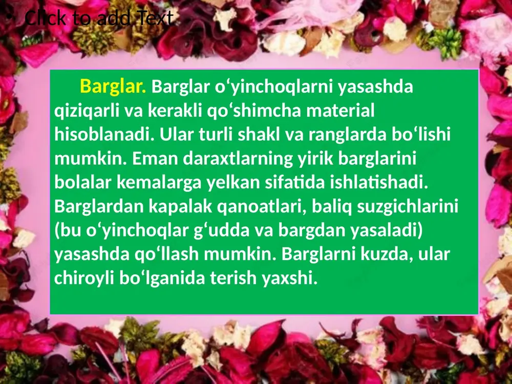 vchi savollar qanday daraxt barglarini bilasiz? daraxt barglarining xususiyatlari bir xilmi? mashg’ulotga kerakli materiallar qanday joylashtiriladi? qanday asboblar bilan ishlaganda texnika xafvsizligi qoidalaridan foydalaniladi? turli materiallar bilan ishlashning maqsadi? i.a.mannopova, r.a.mavlonova, n.r.ibragimov. texnologiya. 4-sinf uchun darslik.-toshkent: “o’zbekiston milliy ensiklopodiyasi” davlat ilmiy nashriyoti, 2017-yil. i.mannopova, r.avlonova, n.ibragimov. texnologiya. 1-sinf uchun darslik.-toshkent: “o’zbekiston milliy ensiklopodiyasi” davlat ilmiy nashriyoti, 2017-yil. mavlonova r.a. sanaqulov x.r, xodiyeva d.p “turd i metodika yego prepidovanie” 2008 y tdpu sanaqulov x, xodieva d, sanaqulova a “mehnat ta’limi” 2-sinf darsligi. t., “nafis bezak” 2012 yil sanaqulov x, xodieva d, sanaqulova a “mehnat ta’limi” 3-sinf darsligi. t., “nafis bezak” 2012 yil sanaqulov x, xodieva d “boshlang’ich sinflarda mehnat ta’limidan amaliy ishlar” metodik qo’llanma. t., “navro’z” 2013 yil adabiyotlar ro’yhati image3.jpeg image2.jpeg image12.jpeg image13.png image14.png image15.jpeg image16.jpeg image17.jpeg image18.png image19.png image20.png image9.png image10.png image21.jpg image22.jpg image23.jpg image24.jpg image25.jpg image26.jpg image27.jpg image28.jpg image29.jpg image30.jpg image31.jpeg image32.jpg image33.emf image34.png image35.png image36.png image37.png image38.jpg …