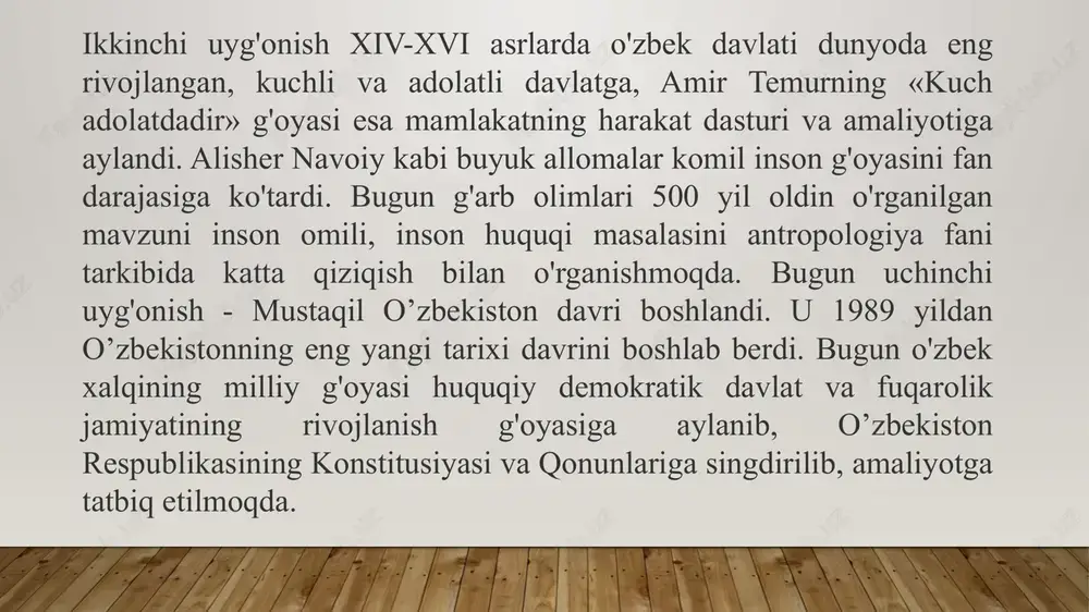 niya kabi davlatlardagi taqdimoti horijlik tomoshabinlar tomonidan yuqori baholandi. 2017 yilda madaniyat, adabiyot va san'at, ommaviy axborot vositalari sohasiga taalluqli 12 ta muhim xujjat qabul qilindi. yurtimizdagi ijodiy uyushmalarning ijtimoiy hayotimizdagi o'rni va nufuzini oshirish, moddiy-texnik bazasini mustahkalash maqsadida o'zbekiston ijodrkorlarini qo'llab-quvvatlash “ilxom” jamoat fondi, shuningdek, madaniyat sa san'at muassasalari hamda yirik kompaniya va boshqalar hamkorligida “do'stlar klublari” tashkil etildi. o'zbekistondagi eng katta ma'naviy hodisalardan biri 1997 yildan beri o'tkazib kelinayotgan “sharq taronalari” musiqali festivalidir. o'zining betakror ruhi bilan takrorlanmas, haqiqiy san'at bayrami bo'lmish ushbu musiqa festivalida 1997 yil 31 ta ta davlatdan 57 nafar san'atkor ishtirok etgan bo'lsa, 2018 yilda 58 nafar davlatdan 241 nafar mohir xonanda va sozandalar ishtirok etdi. buyuk alloma va adiblarimiz, aziz-avliyolarimizning bebaho merosi, engilmas sarkarda va arboblarimizning jasoratini yoshlar ongiga singdirish, ularda milliy g'urur va iftixor tuyg'ularini kuchaytirish maqsadida o'zbekiston milliy teleradiokompaniyasi tarkibida “o'zbekiston tarixi” kanali o'z faoliyatini boshladi. 2019 yil 5-10 aprel kunlari …