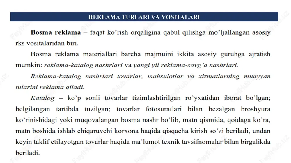 chilikka asoslangan boshqa o‘yinlar reklamasiga yo‘l qo‘yilmaydi. lotereyalar reklamasi har bir holda voyaga yetmaganlarning lotereyalarda ishtirok etishiga yo‘l qo‘yilmasligi to‘g‘risidagi ogohlantirish bilan birga berilishi kerak. 1. marketingningda reklamaning o`rni va roli qanday? 2. reklamaning maqsad va vazifalarini ta’riflab bering? 3. reklamaning iqtisodiy maqsadi qanday yechimlarni ko’zda tutadi? 4. bozor rivojlanishining turli bosqichlarida reklama hal etadigan vazifalar qanday? 5. reklama vositalari va ularning turlari? 6. reklama agentliklari va ularning funksiyalarini sanab bering? 7. reklamada plagiat deganda nimani tushunasiz? 8. reklama matnlarining reklamadagi ahamiyatini izohlang? 9. reklamaning qanday turlari samarali deb hisoblaysiz? e’tiboringiz uchun rahmat! *