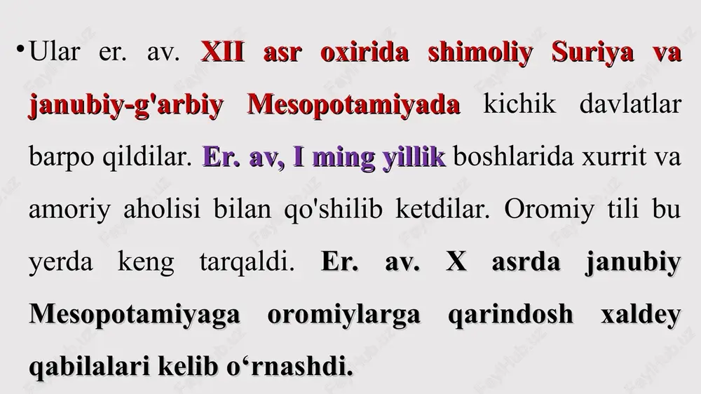 yillikdan iii ming yillikgacha ibtidoiy jamoa tuzumini yemirilish jarayoni bordi. shumerlarning er. av. iv ming yillikni boshlarida janubiy mesopotamiyaga kelishi bilan uruk madaniyati boshlandi. er. av. iii ming yillikdan boshlab mamlakatni janubiy qismida shumerlarning kichik shahar-davlatlari paydo bo'ldi. er. av. iii ming yilliklar ilk sulola davri deb ataldi. keyingi davr er. av. iii ming yillikning oxirgi davri kuchli mutlaq monarxiyalar tashkil topish davri hisoblanadi er. av. xxi-xxiii asrlar siyosiy markaz mesopotamiyaning markaziga ko'chib bu yerda akkad davlati tashkil topadi va uning tarkibiga shumer janubiy va shimoliy mesopotamiya kiradi. gutiylar hujumi sababli akkad podsholigi yemirilib, yetakchilik shumer-akkad podsholigiga o'tadi. er. av. ii ming yillikning boshlarida ikki daryo oralig'ida bobil podsholigi yuksalib, bobil boshchiligida butun mamlakat birlashtirildi. qadimgi mesopotamiya hududiga shumer, akkadlarni ko‘chib kelishi va ularning xo‘jaligini rivojlanishi. mesopotamiya (yunoncha— ikki daryo oralig'i, dajla va frot oralig'idagi o'lka) fors qo'ltig'idan arabiston cho'li, suriya, arman tavri va zagros bilan cheklangan. hudud quyi va …