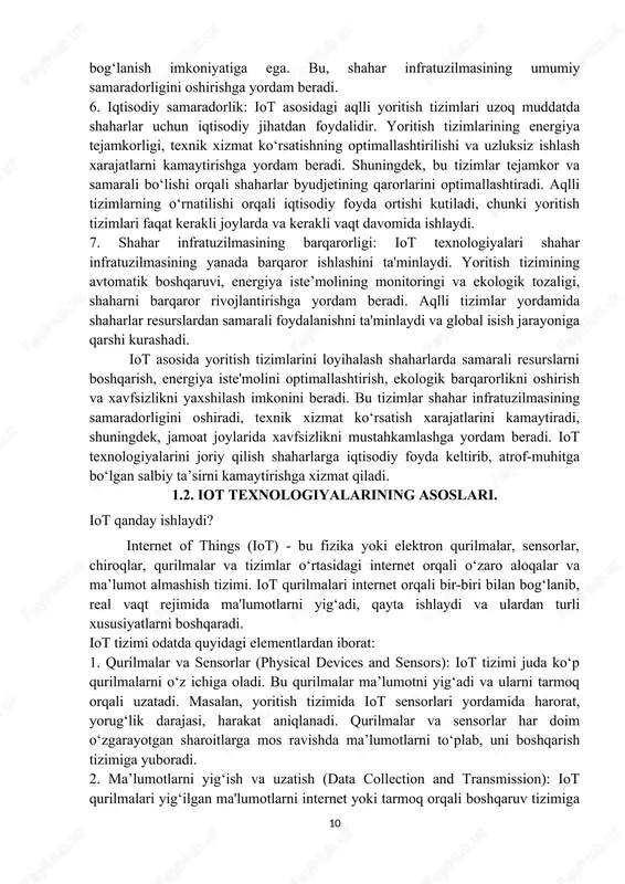 lar kelajakda qo‘shimcha qurilmalar va texnologiyalar bilan integratsiya qilinishi mumkin, masalan, aqlli transport tizimlari yoki aqlli uy tizimlari bilan bog‘lanish imkoniyatiga ega. bu, shahar infratuzilmasining umumiy samaradorligini oshirishga yordam beradi. 6. iqtisodiy samaradorlik: iot asosidagi aqlli yoritish tizimlari uzoq muddatda shaharlar uchun iqtisodiy jihatdan foydalidir. yoritish tizimlarining energiya tejamkorligi, texnik xizmat ko‘rsatishning optimallashtirilishi va uzluksiz ishlash xarajatlarni kamaytirishga yordam beradi. shuningdek, bu tizimlar tejamkor va samarali bo‘lishi orqali shaharlar byudjetining qarorlarini optimallashtiradi. aqlli tizimlarning o‘rnatilishi orqali iqtisodiy foyda ortishi kutiladi, chunki yoritish tizimlari faqat kerakli joylarda va kerakli vaqt davomida ishlaydi. 7. shahar infratuzilmasining barqarorligi: iot texnologiyalari shahar infratuzilmasining yanada barqaror ishlashini ta'minlaydi. yoritish tizimining avtomatik boshqaruvi, energiya iste’molining monitoringi va ekologik tozaligi, shaharni barqaror rivojlantirishga yordam beradi. aqlli tizimlar yordamida shaharlar resurslardan samarali foydalanishni ta'minlaydi va global isish jarayoniga qarshi kurashadi. iot asosida yoritish tizimlarini loyihalash shaharlarda samarali resurslarni boshqarish, energiya iste'molini optimallashtirish, ekologik barqarorlikni oshirish va xavfsizlikni yaxshilash …