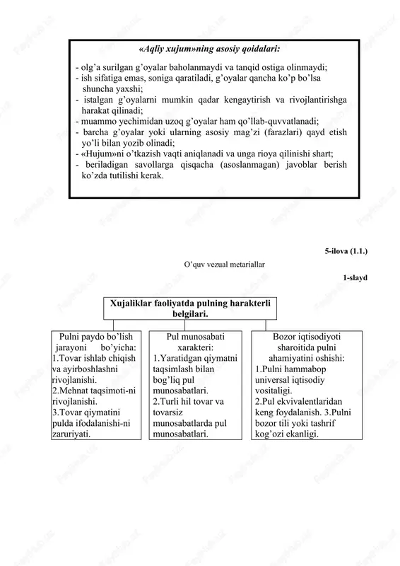 ’risidagi nazariyalar. 2. xozirgi sharoitda pulning ahamiyatini oshishining sabablari? 3. savollarga javob: 1. pulning mohiyati va mazmuni nimalardan iborat? 2. bozor iqtisodiyoti sharoitida puldan foydalanishga bo’lgan zarurat nimalar bilan belgilanadi? 3. pulni barqarorligini ta’minlash nimalarga bog’liq? 4-ilova (1.2.) nazorat testlari 1. pul o’z taraqqiyotida qaysi ko’rinishlarga ega bo’lgan? a) tovar, tanga, qog’oz va electron pullar b) tovar, quyma, tanga, banknot c) mahsulot, quyma, tanga, kartochka d) umumiy ekvivalent, tovar, qiymat o’lchovi, elektron 2. pulni vujudga kelish jarayonida qiymatning shakllari. a) oddiy, kengaygan, umumiy ekvivalent, pul b) oddiy, to’la, tasodifiy, kengaygan c) tasodifiy, to’la, ekvivalent, umumiy d) to’la, kengaygan, umumiy, ekvivalent, pul 3. qog’oz pullarni paydo bo’lishining asosiy sabablari a) metall pullarni tayyorlashdagi qalbakilik, ularni cheklanganligi, ularni tayyorlashni qimmatga tushishi b) metall pullarni buzilishi, yo’qolishi va qalbaki shakllarni paydo bo’lishi c) metall pullarni yemirilishi, cheklanganligi, ularni tayyorlashni qimmatga tushishi d) qimmatli metallarni real va nominal qiymatidagi farq, ularni tayyorlashdagi qalbakilik, qog’oz …