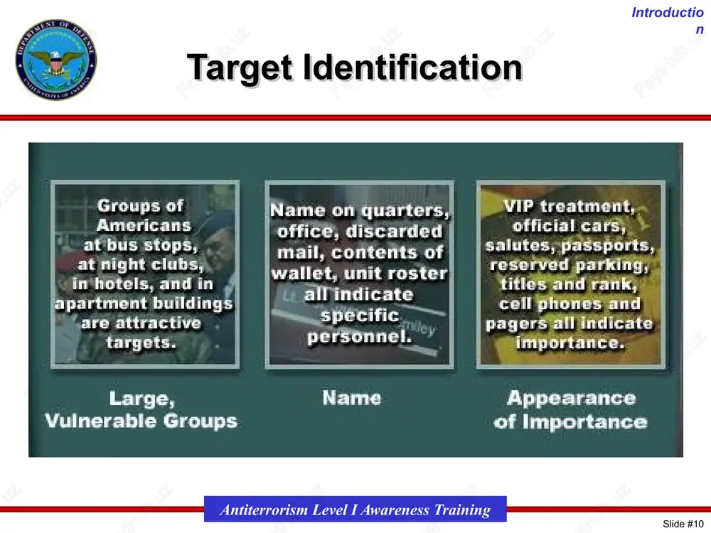 st targeting against personnel and facilities is imminent evidence of terrorist attack planning, such as terrorist surveillance or reports from local sources strong protective measures are required, but the unit must continue its regular mission activities implemented for only a short period of time expect rigorous efforts to inspect vehicles and facilities, and you may be required to participate in special guard duties introduction slide #‹#› antiterrorism level i awareness training 16 how about this picture? what security measures can you see? under what conditions would you expect these measures to be used? force protection condition charlie applies when an incident occurs or intelligence is received indicating that some form of terrorist action against personnel and installations is imminent. evidence of terrorist attack planning may exist, such as terrorist surveillance or reports from local sources. strong protective measures are required, but the installation must continue its regular mission activities. implementation …