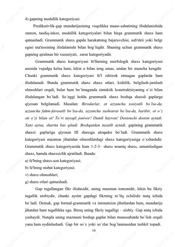 dan ozod va obod vatan qolsin. yangisini qurmay, eskisini buzmang. shovqin qilmang. etti o`lchab, bir kes. demak, gapning grammatik asosi, predikativ markazi ega va kesim munosabatidan tashkil topgan predikativ qurilma yoki kesim sostavi yoki kesimning o`zidan tashkil topgan predikativ birlikdan iborat. predikativ markazning tarkibiga yoki bosh bo`laklarning miqdoriga ko`ra sodda gaplar ikkiga bo`linadi: 1.ikki bosh bo`lakli gap. 2.bir bosh bo`lakli gap. egasi ham, kesimi ham mavjud bo`lgan sodda gaplar ikki bosh bo`lakli gap sanaladi. bunda bosh bo`laklardan tashqari ikkinchi darajali bo`laklar qatnashishi ham, qatnashmasligi ham mumkin. masalan: onamiz norozi bo`ldi. uyqum qochdi! dumli hayvonni odamga el qilish barchaning-da qo`lidan kelmaydi. predikativ yadrosi bitta bo`lgan sodda gaplar bir bosh bo`lakli sodda gaplardir. bunda bosh bo`lak yolg`iz o`zi yoki ikkinchi darajali bo`laklar bilan birgalikda predikativ yadroni tashkil etgan bo`lishi mumkin. demak, bu erda predikativ yadroning tarkibi yoyiq yoki yig`iq holdagi bir bosh bo`lakdan iborat bo`ladi. o`zbek tilida bosh bo`lagi kesim bilan ifodalangan …