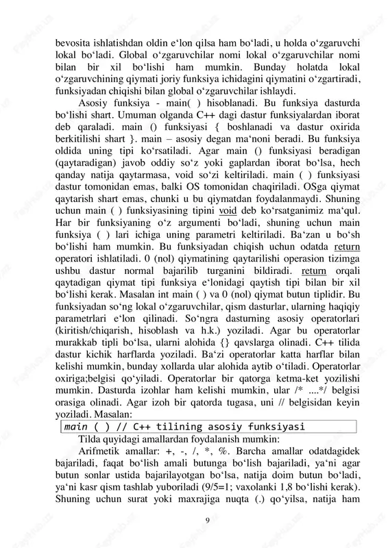 ni belgilaydi. agar tilda belgilangan tiplar dastur tuzuvchini qanoatlantirmasa, u oshkor ravishda tipni koʻrsatishi mumkin. buning uchun butun oʻzgarmas raqamlari oxiriga, probelsiz l yoki l (long), u yoki u (unsigned) yoziladi. zarur hollarda bitta oʻzgarmas uchun bu belgilarning ikkitasini ham ishlatish mumkin: 45lu, 012ul, 0xa2l. haqiqiy oʻzgarmaslar. haqiqiy oʻzgarmaslar - suzuvchi nuqtali son boʻlib, u ikki xil formatda berilishi mumkin: - oʻnlik fiksirlangan nuqtali formatda. bu koʻrinishda son nuqta orqali ajratilgan butun va kasr qismlar koʻrinishida boʻladi. sonning butun yoki kasr qismi boʻlmasligi mumkin, lekin nuqta albatta boʻlishi kerak. fiksirlangan nuqtali oʻzgarmaslarga misollar: 24.56; 13.0; 66.; .87; - eksponensial shaklda haqiqiy oʻzgarmas 6 qismdan iborat boʻladi: 1) butun qismi (oʻnli butun son); 2) oʻnli kasr nuqta belgisi; 3) kasr qismi (oʻnlik ishorasiz oʻzgarmas); 4) eksponenta belgisi ʻeʻ yoki ʻeʻ; 5) oʻn darajasi koʻrsatkichi (oʻnli butun son); 6) qoʻshimcha belgisi ( ʻfʻ yoki ʻfʻ , ʻlʻ yoki ʻlʻ ). eksponensial shakldagi …