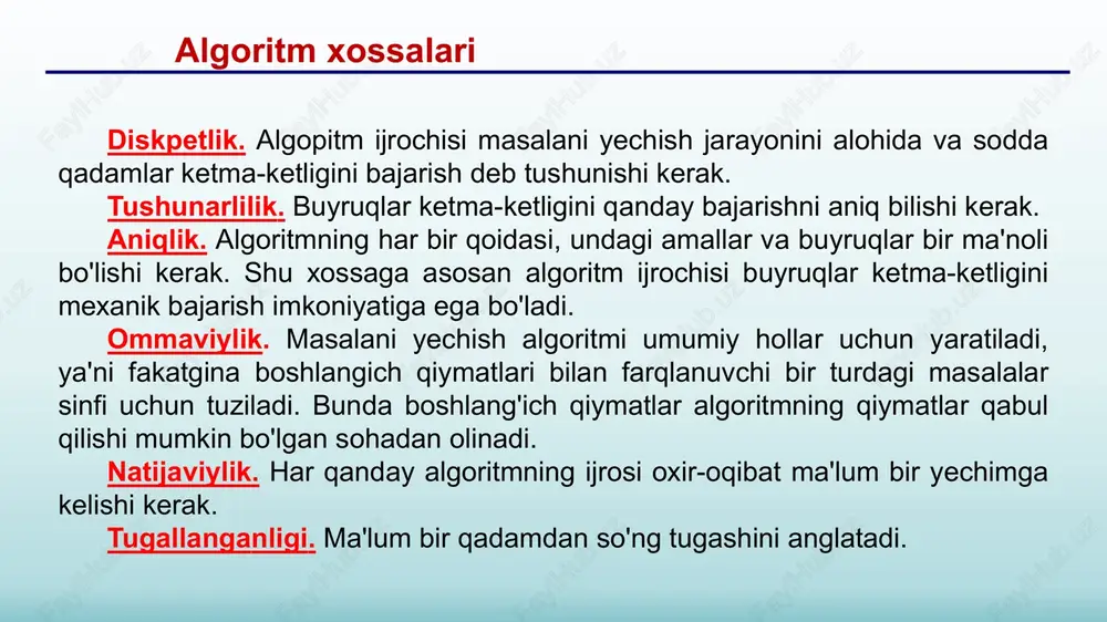 niqlash kerak bo’ladi. agar olingan natijalar kutilishi kerak bo’lgan natijalar bilan mos kelsa, u holda dasturni mukammalroq qilib yana bir bor tekshirib olish lozim. agar natijalar noto’g’ri bo’lib chiqsa, u holda biz judayam yomon bo’lgan mantiqiy xatoliklarga duch kelgan bo’lamiz. mantiqiy xatoliklarga asosan dastur mazmunini loyixalashtirayotganda yo’l qo’yiladi. masalani mohiyatini tahlil qilish, algoritmini tuzish yoki dasturni o’zini dasturlash tilida yozish vaqtida dasturchi tomonidan uning ma’nosi bo’yicha xatolikka yo’l qo’yilishi mumkindir. shuning uchun ham dasturlashni dastlabki bosqichiga qaytib qo’yilgan masalaning ma’no-moxiyatini chuqurroq o’rganishga to’g’ri keladi. masalaning algoritmini ishlab chiqish quyidagi bosqichlardan iborat: ma’lumotlarga qayta ishlov berish bosqichlarni belgilab olish; ma’lumotlarga qayta ishlov berish bosqichlari ketma-ketligini ular o`rtasidagi mantiqiy aloqalarni o`rnatish asosida aniqlash; har bir bosqich mazmunini izohlash. dastur - berilgan algoritm asosida biror algoritmik tilda yozilgan ko'rsatmalar, buyruqlar yoki operatorlar to'plamidir. dasturlash - dastur tuzish jarayoni bo'lib, u quyidagi boskichlardan iborat: dasturga bo'lgan talablar; qo'yilgan masala algoritmini tanlash yoki ishlab chiqish; …