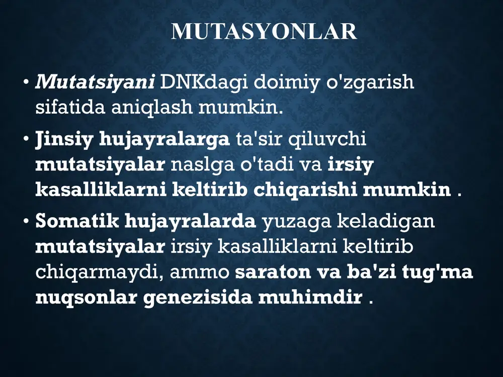 chun bu kasalliklar erkaklarda namoyon bo'ladi. x bilan bog'liq retsessiv kasalliklar tizim kasallik muskul-skelet tizimi duchenne mushak distrofiyasi qon gemofiliya a va b surunkali granulomatoz kasallik glyukoza-6-fosfat dehidrogenaza etishmovchiligi immunitet agammaglobulinemiya viskott-aldrich sindromi metabolik qandli diabet insipidus lesch-nyhan sindromi asabiy fragile x sindromi strukturaviy oqsillardagi nuqsonlar bilan bog'liq buzilishlar ma rfana sindromi marfan sindromi - bu tananing biriktiruvchi to'qimalarining kasalligi bo'lib , birinchi navbatda skelet, ko'zlar va yurak-qon tomir tizimidagi o'zgarishlar bilan namoyon bo'ladi . uning tarqalishi aholining 10 000 dan 1 dan 20 000 dan 1 gacha o'zgarib turadi. taxminan 70-85% hollarda oilaviy bo'lib, autosomal dominant meros orqali uzatiladi. qolganlari vaqti-vaqti bilan paydo bo'ladi va yangi mutatsiyalar natijasidir. marfan sindromi fibrillin deb ataladigan hujayradan tashqari glikoproteindagi irsiy nuqsondan kelib chiqadi . marfan fibrillin hujayradan tashqari matritsada joylashgan mikrofiberlarning asosiy komponentidir . bu tolalar elastik tolalarni hosil qilish uchun tropoelastin yotqizilgan iskala hosil qiladi . mikrofiberlar butun tanada keng tarqalgan …