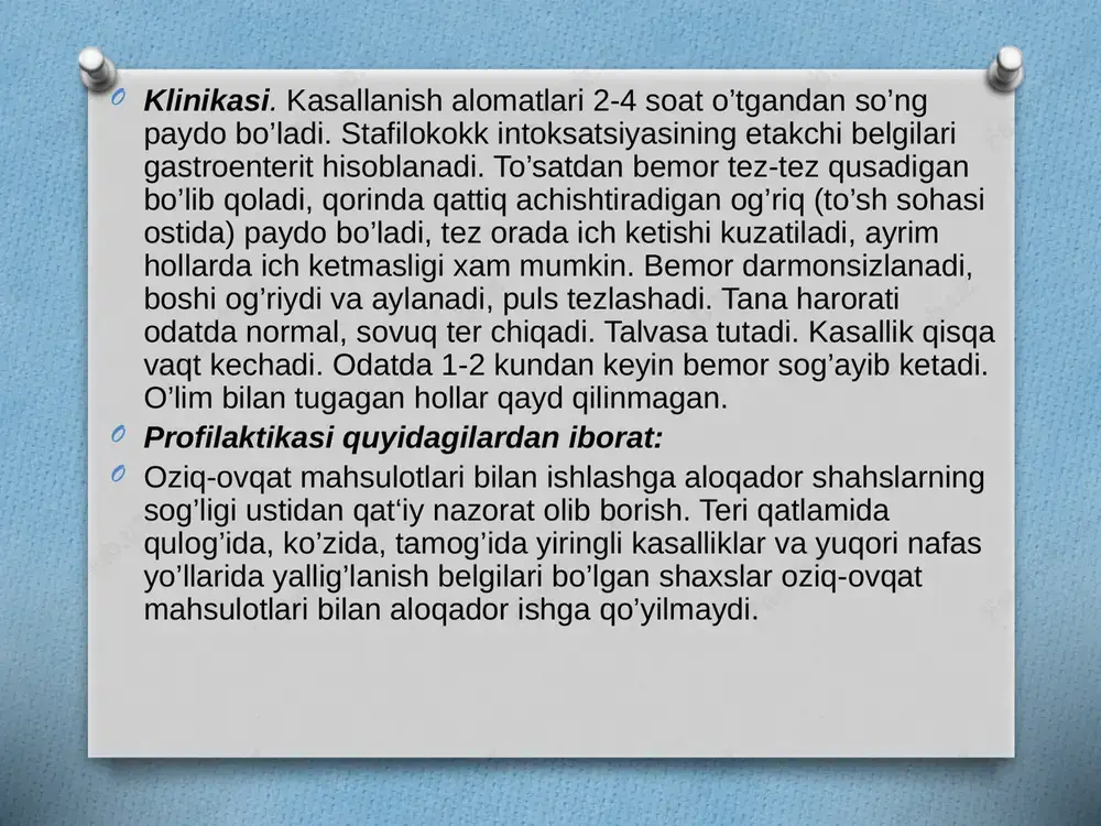 donligini oshirish tadbirlarini kiritish lozim. etiologiyasi aniq bo’lmagan zaharlanishlar. bu guruhga gaff kasalligi, urov kasalligi va alimentar toksik aleykiya kasalliklarini kiritish mumkin. image5.png image6.png image7.png image8.png image9.png image10.png image3.jpeg image4.png image11.png image12.png image13.png image14.png image15.png /docprops/thumbnail.jpeg