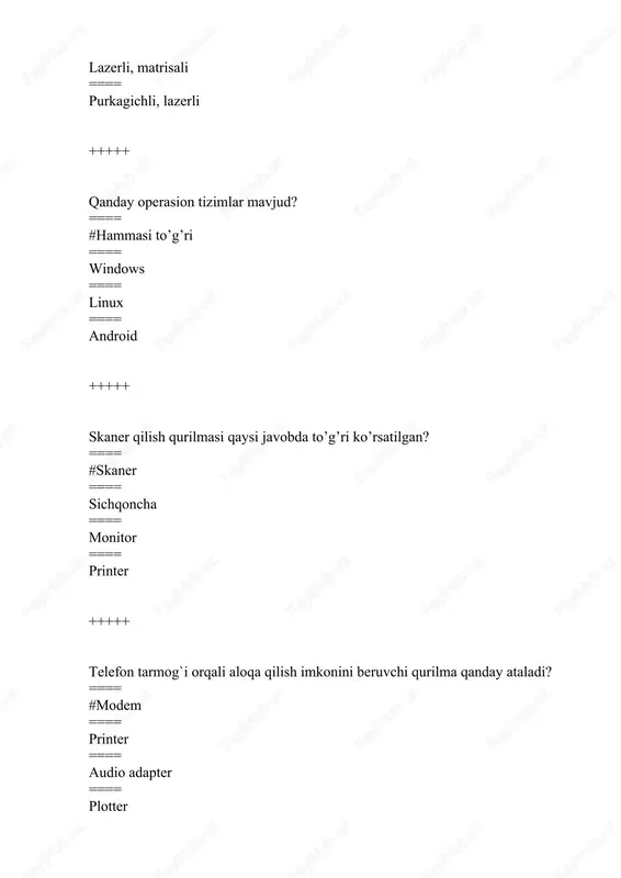 oyga kursor olib borilib “vstavit” bosiladi ==== matn ajratiladi, ctrl+alt bosiladi, kerakli joyga kursor olib borilib “kopirovat” bosiladi +++++ windows ishchi stolidagi “korzina” yorlig’i qanday vazifani bajaradi? ==== #yaqinda o’chirilgan fayl va papkalarni ruyxati joylashadi. bu belgi yordamida yesa shu papkaga tezkor o’tishingiz va ruyxat yordamida ularni qayta joyiga tiklashingiz mumkin bo’ladi. ==== ish jarayonida yaratilgan matn, rasm, jadval va boshqa fayllar saqlanadi. bu belgi yordamida yesa shu papkaga tezkor utishimiz mumkin va ular bilan ishlash imkoniyat yaratiladi) ==== kompyuterga tarmoqga ulangan kompyuterlardagi fayl, papka va disklar bilan ishlash imkoniyat yaratadi. ==== kompyuterda joylashgan disklar, papkalar va ular ichidagi fayllarni ko’rish va ular bilan ishlash (har xil amallar bajarish) imkoniyat yaratadi +++++ prezentasiya nima? ==== #yaratilayotgan slaydlar turkumi va uni namoyish etish uchun beriladigan fayl nomi ==== bu qulay shaklda bosib chiqarilgan va tanishish uchun muljalangan materiallar ==== bu barcha kurgazmali qurollarni yaratish va ba’zi joylarda yesa ma’lumotlar bazasi sifatida …