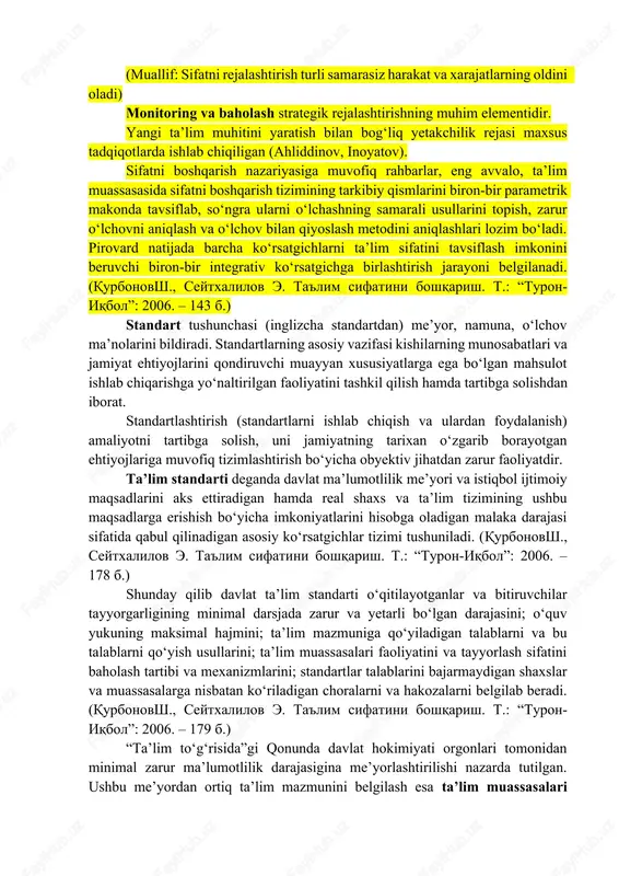 imdonligini rivojlantirishda jamiyat (turli ijtimoiy guruhlar) ehtiyojlari va kutgan natijalariga muvofiqligini belgilovchi ijtimoiy kategoriya demakdir. (qurbonovsh., seytxalilov e. ta'lim sifatini boshqarish. t.: “turon-iqbol”: 2006. – 102 b.) sifat to‘satdan paydo bo‘lib qolmaydi. uni rejalashtirish lozim. sifat muassasa strategiyasining eng muhim ko‘rsatgichi bo‘lishi va unga strategik rejalashtirish jarayoniga muvofiq muntazam erishilishi darkor. strategik rejalashtirish – ta’lim sifatini boshqarish tizimidagi eng asosiy ko‘rsatgichlardan biridir. ta’lim sifatini rejalashtirish ta’lim muassasasi faoliyatining uzoq muddatli yo‘nalishini ishlab chiqish bilan chambarchas bog‘liq. qudratli strategik nuqtai nazar – har qanday muassasa muvaffaqiyatining eng asosiy omilaridan biridir. ta’limdagi strategik rejalashtirish jarayoni fanda, ishlab chiqarishda va umuman jamiyatda ro‘y berayotgan voqea-hodisalarni ko‘zgudek aks ettiradi. unda asosiy vazifalar va maqsadlarni aniqlash, kuchli va zaif tomonlarni, imkoniyatlarni va tahdid soluvchi xavf-xatarlarni tahlil qilish uchun foydalaniladigan omillar ta’lim sohasiga ham joriy qilinadi. strategik rejalashtirish uzoq muddatli ustuvor jihatlarni shakllantirishga imkon beradi va oqilona o‘zgarishlarga ko‘maklashadi. muassasa strategiyaga ega bo‘lmay turib, yangi imkoniyatlardan …
