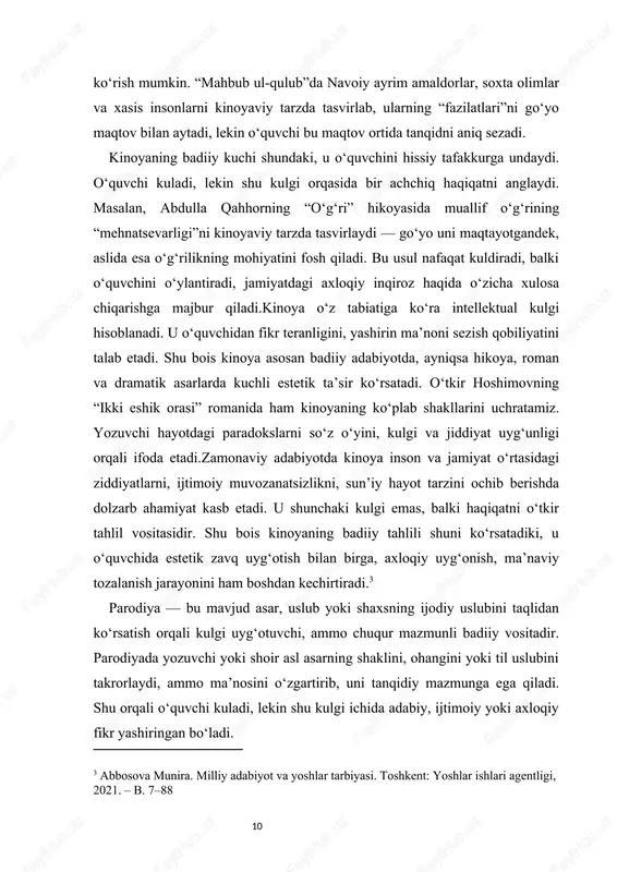 ansabparastlik, soxta ziyolilikni tanqid ostiga olgan. parodiya o‘sha davrda adabiy va ijtimoiy fikrni tozalovchi, inson ongini hushyor qiluvchi vosita bo‘lgan.estetik jihatdan parodiya ikki tomonlama ta’sirga ega: birinchidan, u kulgi uyg‘otadi; ikkinchidan, o‘quvchiga haqiqiy badiiylik mezonlarini anglash imkonini beradi. masalan, g‘afur g‘ulom o‘z davrida shiorli she’rlar yozayotgan shoirlarga parodiya qilib, ularning soxta pafosini kulgi orqali fosh etgan. shu tariqa u o‘z asarlari orqali adabiyotda samimiyat, hayotiylik, xalqona ruhni tiklashga intilgan.zamonaviy parodiya esa ko‘proq intertekstual xususiyat kasb etadi — ya’ni u boshqa matn bilan “suhbatga kiradi”, uning ma’nosini yangilaydi. bunday parodiyalar kinoda, teatrda, hatto internet memlarida ham keng qo‘llanilmoqda. ammo ularning barchasida asosiy mohiyat o‘zgarmaydi: parodiya har doim haqiqatni kulgi orqali ochish, o‘quvchini fikrlashga undash vositasidir.parodiya adabiy jarayonni sog‘lomlashtiruvchi hodisadir. u asarlardagi sun’iylik, ohangsizlik va bema’ni maqtovni tanqid qiladi. shu bois bu usul adabiy didni tarbiyalaydi, o‘quvchini haqiqiy san’atni soxtasidan ajratishga o‘rgatadi. grotesk — bu satira va yumorning eng o‘tkir, eng dramatik …