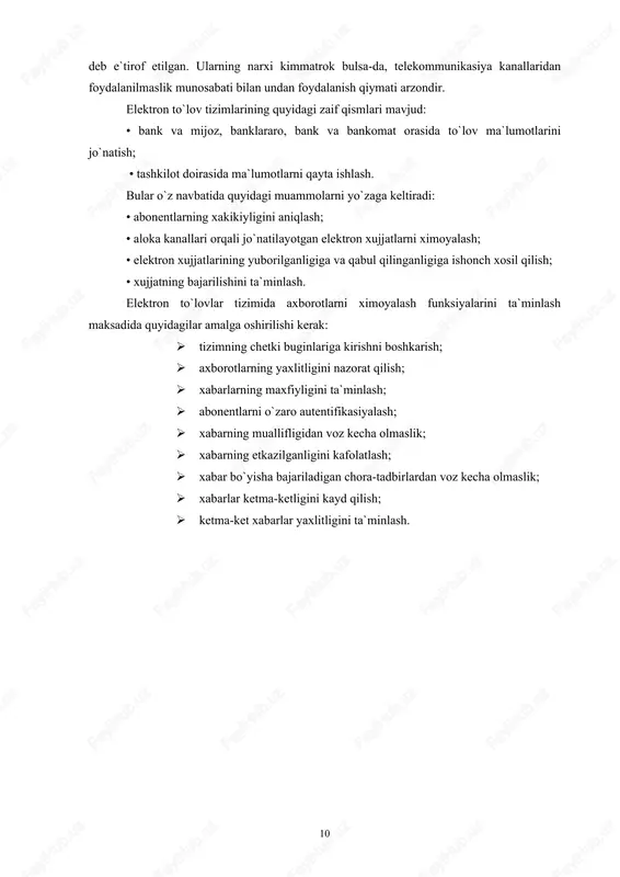 ndan so`ng, bank-ekvayerga (sotuvchi banki) pulni kuchirish uchun surovnoma yuboriladi. bank-ekvayer, o`z navbatida, kartaning xakikiyligini aniqlash uchun surovnomani bank-emitentga jo`natadi. natijada, bank-emitent pulni bank-ekvayerga sotuvchi xisobiga kuchiradi. pul kuchirilgandan so`ng, bank-ekvayer tomonidai pos-terminalga xabarnoma jo`natiladi. ushbu xabarda tranzaksiya bajarilganligi xakida ma`lumot buladi. shundan so`ng, sotuvchi xaridorga maxsulot va kvitansiyasini takdim etadi. o`z-o`zidan kurinib turibdiki, ushbu jarayonda xar xil vokealar sodir bo`lishi mumkin. pos tizimining eng zaif qismi bu pos-terminaldir. bundagi asosiy xavf bo`lib terminaldagi maxfiy kalitning o`girilanishi xisoblanadi. buning okibatlari quyidagilar bo`lishi mumkin: • oldingi tranzaksiyalarda ishlatilgan pin kodni tiklash; • keyingi tranzaksiyalarda qo`llaniladigan pin kodni tiklash. ushbu xavflardan ximoyalanishning 3 ta usuli taklif etiladi: · xar bir tranzaksiyasidan so`ng kalitni o`zgartirish; · pos-terminal va bank-ekvayer orasidagi ma`lumotlarni maxsus kalit bilan shifrlash xamda kalitni xar bir tranzaksiyadan so`ng o`zgartirish; · ochik kalitlar usuli yordamida o`zatiladigan ma`lumotlarni shifrlash. bankomatlar xavfsizligini ta`minlash bankomatlar nakd pul olish, xisob rakamning xolati va pul kuchirish …
