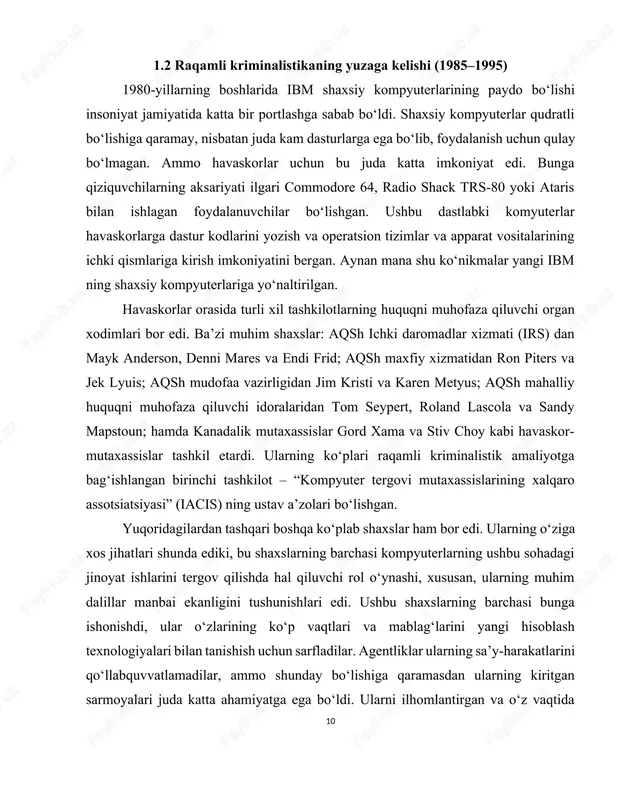 bo‘lgan. endy fridning “irs utilities”, stiv maresware, stiv choyning “iacis utilities” va gord xama’sning “rcmp utilities” – bularning barchasi huquqni muhofaza qiluvchi organlar ichida tarqatilgan buyruq satrli vositalar edi. ushbu vositalarning har biri aniq raqamli kriminalistik muammolarni xal qilishga qaratilgan, masalan, tasvir fayllarini shakllantirish yoki o‘chirilgan fayllarni aniqlash va h.k. g.xamaning “redx” singari ba’zi bir keyingi variantlari bir nechta operatsiyalarni va umumiy o‘tish kanallarini hosil qilishga imkon bergan. ma’lumotlarni tiklash va boshqarish uchun mo‘ljallangan tijorat mahsulotlari – “norton utilities” va “pc tools” lar raqamli kriminalistika uchun juda kuchli vosita bo‘lib, davr mobaynida deyarli barcha tergov organlari va raqamli ekspertiza muassasalari ushbu vositalardan birini yoki ikkalasini ishlatishgan. 1.3 raqamli kriminalistikaning xozirgi davri (2005–2020) 2005-yildan boshlab raqamli kriminalistika shiddat bilan rivojlana boshladi. bu davrda juda ko‘p miqdordagi dalillarni o‘z ichiga olgan, turli xil tekshiruvlarni o‘tkazadigan ko‘plab amaliyotchilar yetishib chiqdi. 2006-yilda amerika qo‘shma shtatlari sudlari raqamli ma’lumotlarni dalillarning yangi shakli sifatida tan olgan …