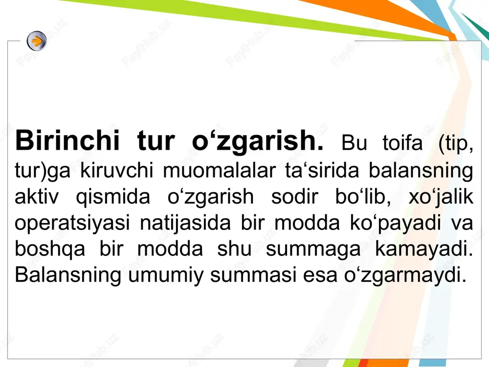 aning o'z mablag'lari manbai; bs – balans jami summasi; ja – joriy aktivlar; jm – joriy majburiyatlar; umq – uzoq muddatli qarz manbalari; o'am –o'z aylanma mablag'lari mavjud summasi; qm – jami qarz manbalari; ae – jamg'arilgan ammortizatsiya summasi; avbq – jami asosiy vositalar boshlang'ich qiymati; tf – taqsimlanmagan foyda (qoplanmagan zarar). immobilizatsiya – biror a'zoni qimirlamaydigan qilib qo'yish(gipslash) kumulyatsiya – dori yoki zahar moddalarining organizmda to'planib kuchli ta'sir qilishi moliyaviy barqarorlik koeffisientlarini tahlili № ko’rsatkichlar yil boshi yil oxiri farqi (+;-) 1 moliyaviy mustaqillik koeffisenti 0,59 0,56 -0,03 2 moliyaviy barqarorlik koeffisenti 0,68 0,85 0,17 3 to’lov qobiliyati koeffisenti 1,57 3,65 2,08 4 harakatchanlik koeffisenti 0,31 0,71 0,4 5 bankrotlikni bashorat qilish koeffisenti 0,18 0,4 0,22 6 moliyalash koeffisenti 1,43 1,28 -0,15 7 immobilizasiya koeffisenti 0,23 0,26 0,03 8 kumulyativ foydalilik koeffisenti 0,09 0,15 0,06 likvidlik koeffisientini tahlili № ko’rsatkichlar satr kodi yil boshi yil oxiri o’sish sur’ati, koef-t …