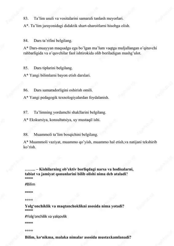 otivatsiya nima? ==== #motivlarning qoida, dalil va qonuniyatlar bilan asoslanishi ==== ++++ xarakter –bu: ==== #oliy nerv faoliyati bilan bog’liq bo’lgan va uning hayotida shakl lanib, uning o’z –o’ziga, ==== boshqa kishilarga, mehnatga, jamiyat mulki (narsalar, predmetlar) ga bo’lgan munosabatida ifodalanadigan yakka xususiyat ==== ++++ temperament va xarakter: ==== #o’zaro bog’liq, ammo aynan bir xil emas ==== ++++ xarakter xislatlariga: ==== #iroda, aql –farosat va hissiyotga bog’liqligi ==== ++++ quyidagilardan qaysi biri xarakter tarkibini ko’rsatadi? ==== #jamoaga, ayrim odamlarga, o’z –o’ziga, mehnatga, narsalarga bo’lgan munosabat ==== ++++ qobiliyat – deb: ==== #shaxsning mazkur faoliyatini muvaffaqiyatli amalga oshirish sharti hisoblangan va buning ==== uchun zarur bilim, ko’nikma va malakalarni egallash dinamikasida yuzaga chiqadigan farqlarda namoyon bo’ladigan individual psixologik xususiyat ==== ++++ iste’dod nima? #inson qobiliyati taraqqiyotining eng yuksak darajasini ta’minlovchi tug’ma imkoniyat ==== ++++ shaxsning harakterli hususiyati: ==== #uning individualligi ==== ++++ faoliyatning asosiy turlari ==== #o’yin, mehnat, o’qish ==== ++++ …