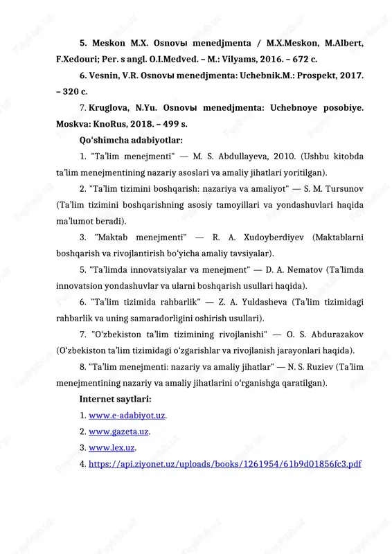 t. ma’limki, jamiyat va ta’lim qadriyatlarini avtoritar, zo‘rovonlik yo‘li bilan o‘rnatib bo‘lmaydi, ular ta’lim texnologiyalari va mazmunining rivojlanishi, ijtimoiy-madaniy muhitning va jamiyatning o‘zgarishi bilan birga tadrijiy tarzda taraqqiy topib boradi. ta’lim muassasasini boshqarishda qadriyatlar va maqsadlarga alohida e’tibor berish lozim. “boshqaruv” so‘zi odatda aniq maqsadga erishish uchun boshqariluvchi tizim (yoki boshqaruv obyekti)ga faol ta’sir ko‘rsatish to‘g‘risida gapirilganda qo‘llaniladi. zamonaviy adabiyotlarda boshqaruvning ma’nosi bo‘yicha uch xil yo‘nalishda tushunchalar mavjud. birinchisiga ko‘ra, boshqaruv ma’nosi faoliyat deb keltirilgan. masalan, boshqaruv jarayoni bo‘yicha ilmiy izlanishlar olib borgan, o‘z vaqtida boshqaruv fanining rivojlanishiga salmoqli hissa qo‘shgan, boshqaruv nazariyasi asoschilaridan biri fransuz olimi a.fayol boshqarishni: -kelajakni ko‘rish; -faoliyatni tashkillashtirish; -faoliyat turlarini muvofiqlashtiruvchi; -qaror va buyruqlarning bajarilishini nazorat qiluvchi kuchli qurol deb ataydi. ikkinchi yo‘nalish vakillari boshqaruvni bir tizimning ikkinchisiga, shaxsning ikkinchi bir shaxsga yoki guruhga “ta’sir etishi” deb hisoblaydi. bu yo‘nalish tarafdorlari boshqaruv – maqsadga yo‘naltirilgan ta’sir etish bo‘lib, subyektning obyektga ta’siri natijasida obyektning o‘zgarishi, deb …