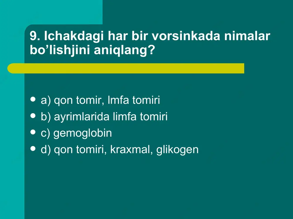 ldingi b) orqa c) uchi d) yon 105. e’tiborni muhim narsaga jalb etish kabi qobilyatlarning pasayishi qaysi vitamin bilan bog’liq? a) d b) c c) b1 d) a 106. yog`larni parchalovchi fermentlar … a) karbogidrazalar b) lipazalar c) insuli d) amilaza 107. qaysi vitamin oqsil va uglevod almashinuvida muxim o`rin tutadi ? a) nikotin kislata b) askarbin kislata c) tiamin d) ribofilavin 108. proteza (1) va karbogidrazalarni (2) juftlab yozing. a. ptialin b. tripsin c. pepsin a) 1-c 2-a ,b b) 1-a 2-b, c c) 1-b 2-a, c d) 1-b,c 2-a 109. hozirda ovqat hazm qilish organlarini o’rganishda zondlash(i), rentgenoskopiya(ii) va ultratovush(iii) dan nima maqsadda foydalaniladi? 1. hazm shirasini tekshirish 2. hazm sistemasini tashxis qilish 3. hazm organlari holatini o’rganish 4. hazm a’zolari chegarasini aniqlash a) i-1 ii-3,4 iii-2 b) i-1 ii-3,2 iii-4 c) i-4 ii-1,2 iii-3 d) i-4 ii-3,1 iii-2 110. 50 kg tana massali odam bir kecha-kunduzda ovqat …