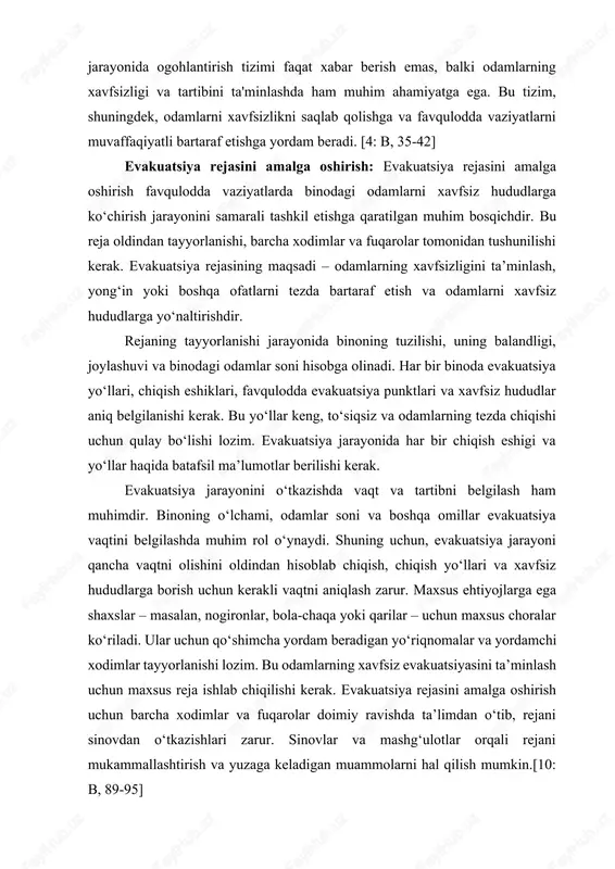 hisoblab chiqish, chiqish yo‘llari va xavfsiz hududlarga borish uchun kerakli vaqtni aniqlash zarur. maxsus ehtiyojlarga ega shaxslar – masalan, nogironlar, bola-chaqa yoki qarilar – uchun maxsus choralar ko‘riladi. ular uchun qo‘shimcha yordam beradigan yo‘riqnomalar va yordamchi xodimlar tayyorlanishi lozim. bu odamlarning xavfsiz evakuatsiyasini ta’minlash uchun maxsus reja ishlab chiqilishi kerak. evakuatsiya rejasini amalga oshirish uchun barcha xodimlar va fuqarolar doimiy ravishda ta’limdan o‘tib, rejani sinovdan o‘tkazishlari zarur. sinovlar va mashg‘ulotlar orqali rejani mukammallashtirish va yuzaga keladigan muammolarni hal qilish mumkin.[10: b, 89-95] evakuatsiya yo‘llarini aniqlash: evakuatsiya yo‘llarini aniqlash — bu evakuatsiya jarayonida odamlarni xavfsiz hududlarga yoki evakuatsiya punktlariga tez va samarali tarzda yo‘naltirish uchun zarur bo‘lgan yo‘llarni belgilash jarayonidir. bu yo‘llar binodagi barcha odamlar uchun qulay va xavfsiz bo‘lishi kerak. evakuatsiya yo‘llarining to‘siqsizligi, kengligi va aniq belgilanishi jarayonning muvaffaqiyatli amalga oshirilishida asosiy omil hisoblanadi. evakuatsiya yo‘llari keng va to‘siqsiz bo‘lishi kerak, chunki tor yo‘llar evakuatsiyani sekinlashtirishi yoki odamlarning xavfsizligini ta’minlashda …