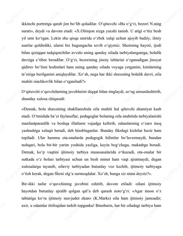 talablari hisobga olinmasa, uning kelajagiga, baxtiga zomin bo‘lib qolish mumkin. shuning uchun ota-ona ijtimoiy tarbiya muassasalari bilan hamkorlikda bolalarning kasb-hunarni, kompyuter savodxonligini, tillarni, badiiy adabiyotni, ilmni o‘rganishga sportga intilishini rag‘batlantirishlari zarur. ota-ona sinchkov psixolog, nozik didli pedagog, bolaning kelajagini yaratuvchi bashoratgo‘y bo‘lishi lozim. agar ota-ona boladagi iste’dod kurtaklarini o‘z vaqtida sezib, ularning rivojlanishiga sharoit yaratib bera olsa, bola shaxsining kamol topishiga katta yo‘l ochadi. o‘qituvchi ana shularni tushuntirgandan so‘ng ota-onaning bolaga namuna sifatidagi ta’siri haqida to‘xtaladi. u avvalo quyidagi parchani o‘qib beradi yoki o‘quvchilardan biriga o‘qitadi: «sizning o‘z xulqu atvoringiz - hal qiluvchi eng muhim narsadir. bolani faqat u bilan gaplashganda, nasihat qilganda, yoki unga biror narsa buyurgandagina tarbiyalayman deb o‘ylamang. siz bolani turmushingizning har bir momentida, hattoki o‘zingiz uyda yo‘qligingizda ham tarbiyalaysiz. sizning qanday kiyinishingiz, boshqalar bilan va boshqalar haqida qanday gaplashishingiz, xursand bo‘lishingiz yoki tashvishlanishingiz, do‘st va dushmaningiz bilan qanday muomala qilishingiz, kulishingiz, gazeta o‘qishingiz – bular hammasi …