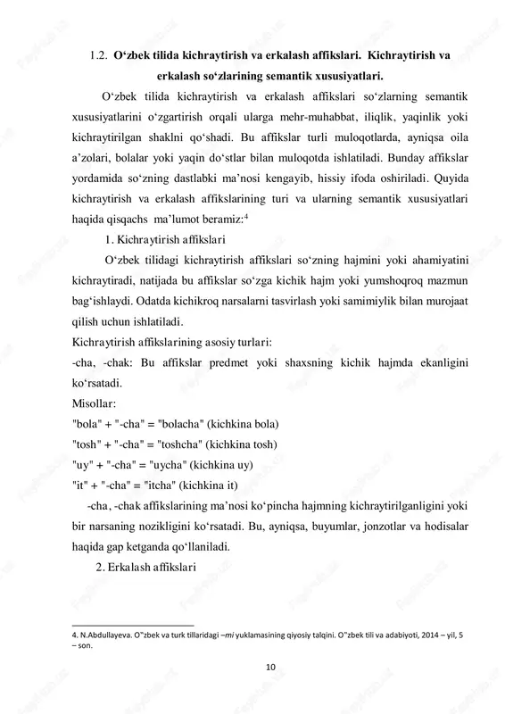 bir kishi boshqa kishiga "aka" o‘rniga "akajon" deb murojaat qilsa, bu holda ko‘ngilning yumshoqligi, iliqligi va yaqinlik aloqasi kuchayadi. bu xususan oila ichida yoki yaqinlar orasida shaxsiy aloqalarni ifodalashda seziladi. ko‘ngilni yumshatish: bolalarga, yosh bolajonlarga va erka farzandlarga murojaat qilishda ishlatiladigan "-jon", "-cham", "-gina" kabi affikslar bolalarga o‘zlarini xavfsiz va qulay his qilishlariga yordam beradi. "bolajon", "do‘stgina" kabi so‘zlar orqali yaqinlik hissini oshirish mumkin. katta yoshdagi insonlar o‘rtasida "-jon" va "-cha" affikslari hissiy bog‘liqlikni oshirib, iliq muloqotni kuchaytiradi. 4. kichraytirish va erkalash affikslari bilan hosil bo‘lgan frazemalar va ularning o‘ziga xosligi o‘zbek tilida kichraytirish va erkalash affikslari bilan ko‘plab xalq iboralari va frazeologizmlar hosil bo‘lgan. ular turli-tuman ma’nolarni ifodalab, ona tilining boyligini namoyon etadi.5 "diljon": bu so‘z dil yaqinligini ifodalaydi, "jon" affiksi bilan kimgadir mehr bilan murojaat qilish uchun ishlatiladi. "do‘stchilik": bu so‘z do‘stona, samimiy aloqani ifodalaydi, "-chilik" qo‘shimchasi esa erkalash ohangini beradi. "qizgina-qizaloq": "qiz" so‘zining ikki martalik kichraytirish shakli …